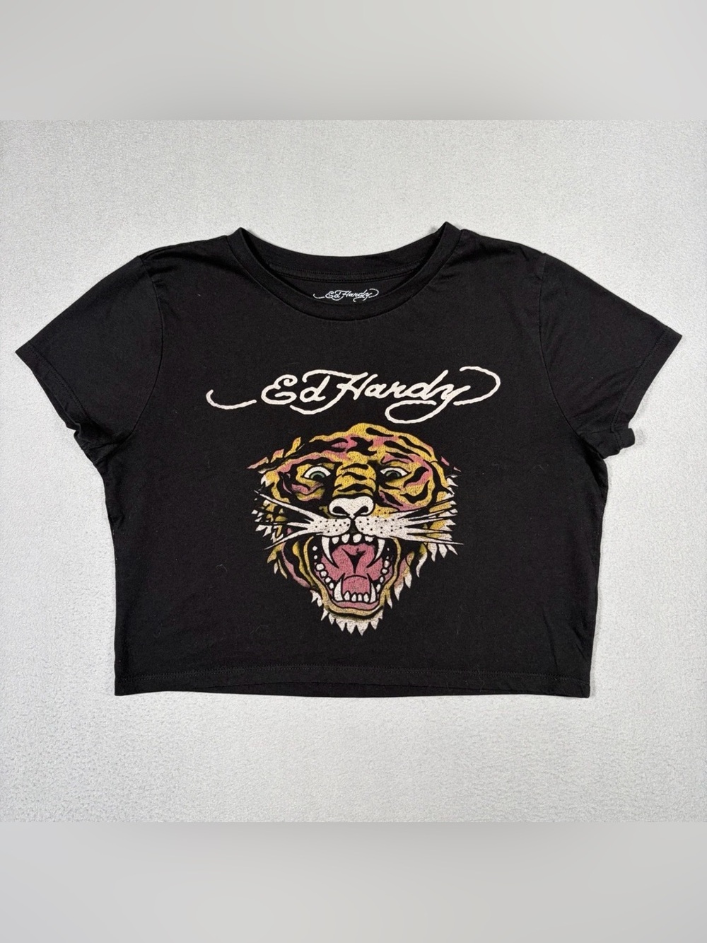 Ed Hardy Crop Top Women’s X-Large Black Tiger Graphic Y2K Style Tattoo Grunge